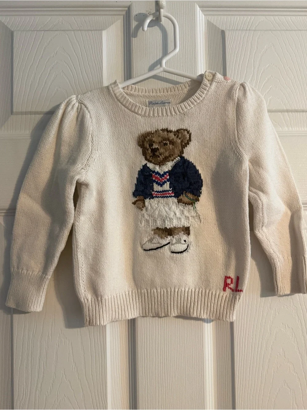 Ralph Lauren Baby Girls 24M Polo Bear Cream Knit Sweater Puff Sleeve